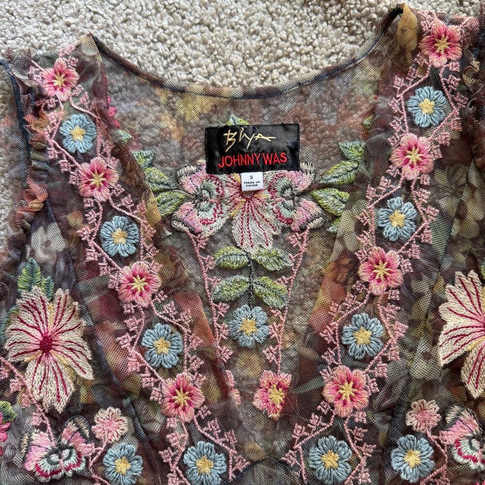 Johnny Was Biya Floral Embroidered Mesh Midi Dress Size Small - Picture 2 of 11